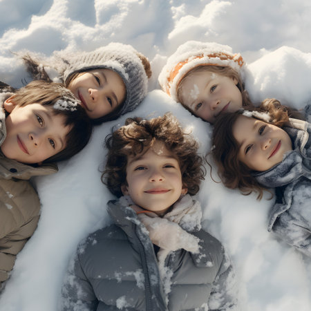 Group of children lying on the snow covered surface with snow on their hats, hair and clothes smiling, happy, having fun. Focused on their heads, top view. directly above, square.の素材