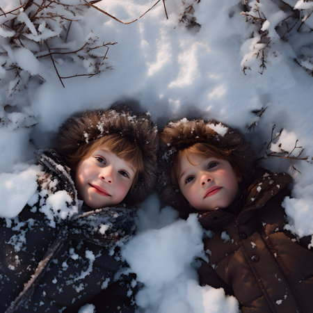 Two boys lying on the snow covered surface with snow on their faces, hair and clothes smiling, happy, having fun. Focused on their heads, top view. directly above, square.の素材