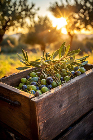 Olives harvested in a wooden box in a plantation with sunset. Natural organic fruit abundance. Agriculture, healthy and natural food concept. Vertical composition.の素材