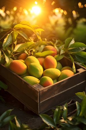Mango harvested in a wooden box with orchard and sunshine in the background. Natural organic fruit abundance. Agriculture, healthy and natural food concept. Vertical composition.の素材