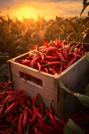 Chili peppers harvested in a wooden box with field and sunset in the background. Natural organic fruit abundance. Agriculture, healthy and natural food concept. Vertical composition.の素材