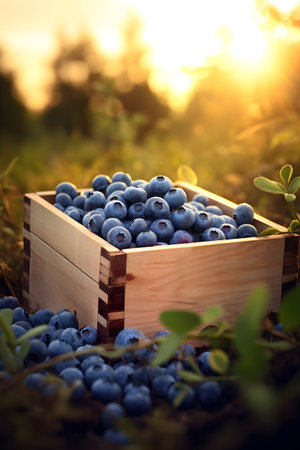Blueberries harvested in a wooden box in a farm with sunset. Natural organic fruit abundance. Agriculture, healthy and natural food concept.の素材
