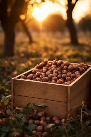 Hazelnuts harvested in a wooden box in a plantation with sunset. Natural organic fruit abundance. Agriculture, healthy and natural food concept. Vertical composition.の素材