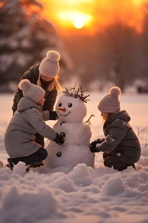 Group of children playing with snowmen in winter countryside with snow covered surface, trees and sunset in the background.の素材