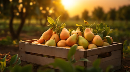 Orange pears harvested in a wooden box in an orchard with sunset. Natural organic fruit abundance. Agriculture, healthy and natural food concept.の素材