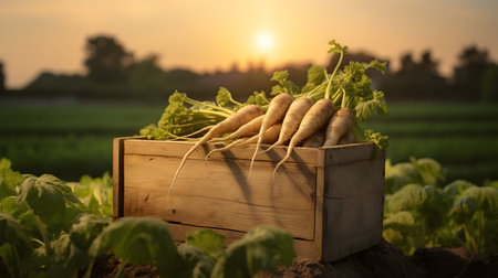 Parsnip root harvested in a wooden box with field and sunset in the background. Natural organic fruit abundance. Agriculture, healthy and natural food concept. Horizontal composition.の素材