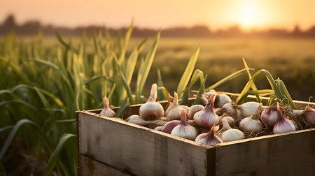 Garlic harvested in a wooden box with field and sunset in the background. Natural organic fruit abundance. Agriculture, healthy and natural food concept. Horizontal composition.の素材