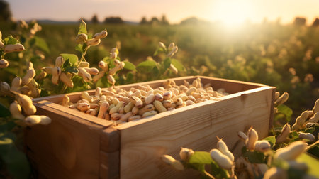 Soya beans harvested in a wooden box in a plantation with sunset. Natural organic fruit abundance. Agriculture, healthy and natural food concept. Horizontal composition.の素材