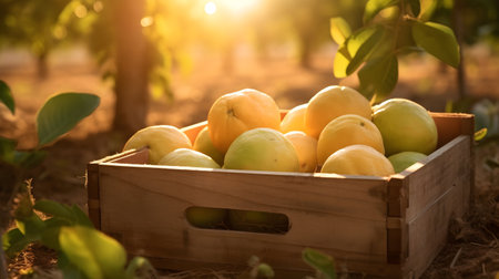 Pomelo harvested in a wooden box with orchard and sunshine in the background. Natural organic fruit abundance. Agriculture, healthy and natural food concept. Horizontal composition.の素材