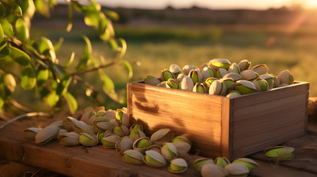 Pistachio nuts harvested in a wooden box in a plantation with sunset. Natural organic fruit abundance. Agriculture, healthy and natural food concept.の素材