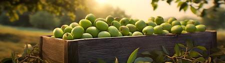 Greengages harvested in a wooden box in an orchard with sunset. Natural organic fruit abundance. Agriculture, healthy and natural food concept. Horizontal composition, banner.の素材