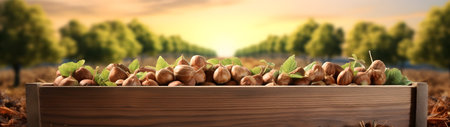 Edible chestnut nuts harvested in a wooden box in a plantation with sunset. Natural organic fruit abundance. Agriculture, healthy and natural food concept. Horizontal composition, banner.の素材