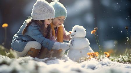 Children playing with snowman on a meadow with grass and spring flowers growing through the melting snow. Concept of spring coming and winter leaving.の素材