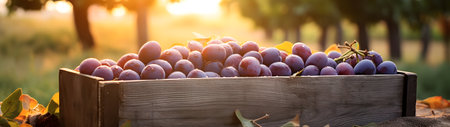 Plums harvested in a wooden box in an orchard with sunset. Natural organic fruit abundance. Agriculture, healthy and natural food concept. Horizontal composition, banner.の素材