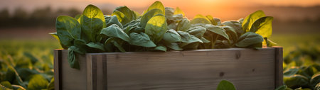 Spinach leaves harvested in a wooden box in a field with sunset. Natural organic vegetable abundance. Agriculture, healthy and natural food concept. Horizontal composition, banner.の素材