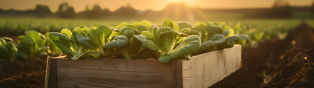 Pak Choi salad in a wooden box with field and sunset in the background. Natural organic fruit abundance. Agriculture, healthy and natural food concept. Horizontal composition, banner.の素材