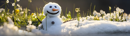 Snowman on a meadow with grass and spring flowers growing through the melting snow. Concept of spring coming and winter leaving.の素材