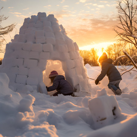 Group of children building igloo in winter countryside with snow covered surface, trees and sunset in the background.の素材