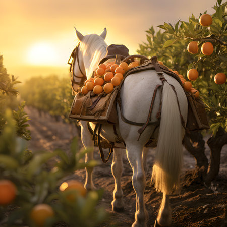 Pack horse carrying apples in an orchard with sunset. Concept of food transportation, logistics and cargo.の素材
