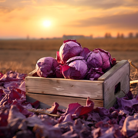 Red Cabbage harvested in a wooden box with field and sunset in the background. Natural organic fruit abundance. Agriculture, healthy and natural food concept. Square composition.の素材