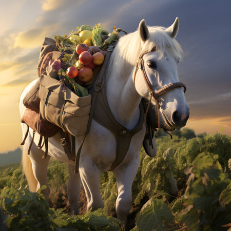 Pack horse carrying vegetables in a field with sunset. Concept of food transportation, logistics and cargo.の素材