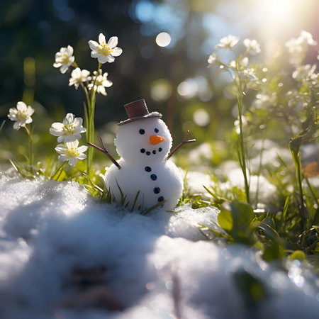 Snowman on a meadow with grass and spring flowers growing through the melting snow. Concept of spring coming and winter leaving.の素材