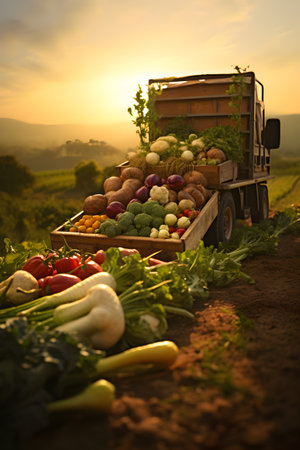 Vintage truck carrying various types of vegetables in a field with sunset. Concept of food transportation, logistics and cargo.の素材