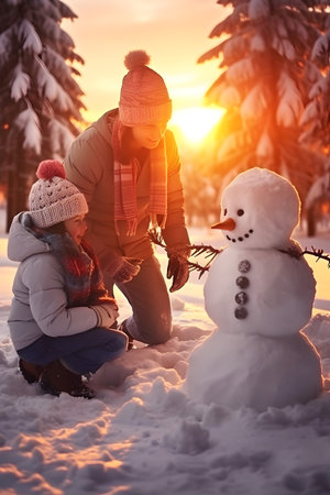 Young family building snowman in winter countryside with snow covered surface, spruce and fir trees and sunset in the background.の素材