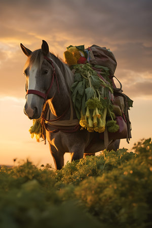 Pack horse carrying vegetables in a field with sunset. Concept of food transportation, logistics and cargo.の素材