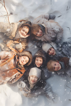 Group of children lying on the snow covered surface with snow on their hats, hair and clothes smiling, happy, having fun. Focused on their heads, top view. directly above, vertical.の素材
