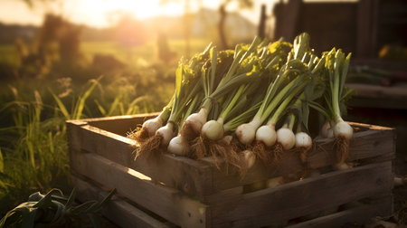 Leeks harvested in a wooden box with field and sunset in the background. Natural organic fruit abundance. Agriculture, healthy and natural food concept. Horizontal composition.の素材