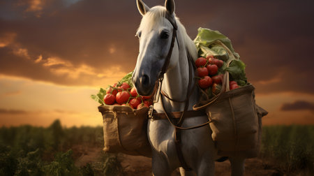 Pack horse carrying vegetables in a field with sunset. Concept of food transportation, logistics and cargo.の素材