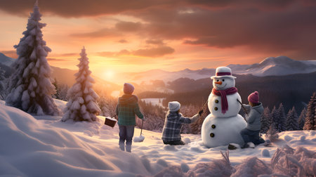 Three children building and playing with snowmen in winter countryside with snow covered surface, trees, mountains and sunset in the background.の素材