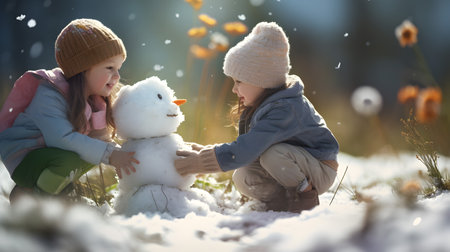 Children playing with snowman on a meadow with grass and spring flowers growing through the melting snow. Concept of spring coming and winter leaving.の素材