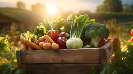 Various kinds of vegetables harvested in a wooden box in a field with sunset. Natural organic fruit abundance. Agriculture, healthy and natural food concept. Horizontal composition.の素材