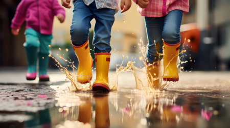 Children with colorful gum boots splashing water in muddy puddles. Focused on the legs. Concept of playfulness, enjoyment, creativity and freedom.の素材