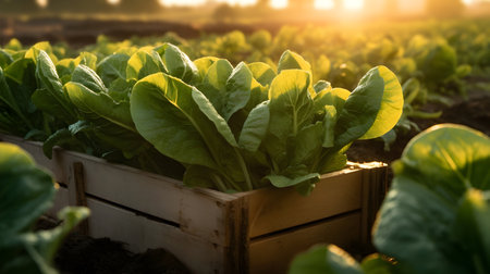 Pak Choi salad in a wooden box with field and sunset in the background. Natural organic fruit abundance. Agriculture, healthy and natural food concept. Horizontal composition.の素材