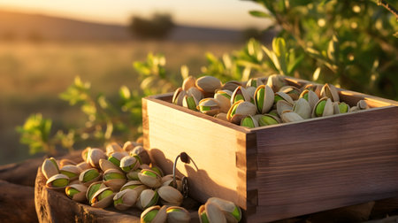 Pistachio nuts harvested in a wooden box in a plantation with sunset. Natural organic fruit abundance. Agriculture, healthy and natural food concept.の素材