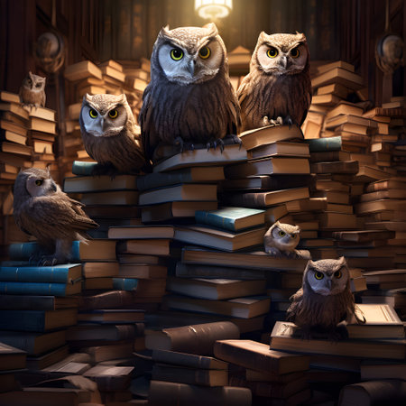 Owl group sitting on book piles. Concept of cleverness, wisdom, intelligence, learning and knowledge.の素材