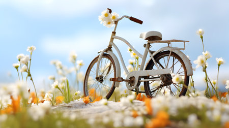 Vintage bicycle full of spring flowers in the basket standing on a meadow with grass growing through the melting snow. Concept of spring coming and winter leaving.の素材