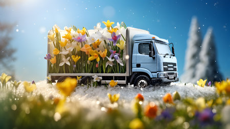 Vintage truck with spring flowers on a meadow with grass and flowers growing through the melting snow. Concept of spring coming and winter leaving.の素材