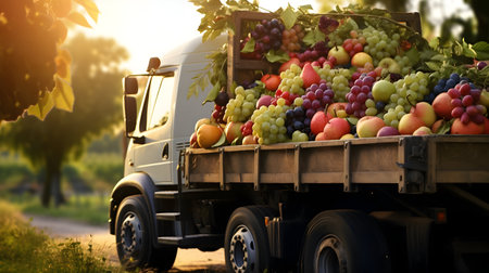 Vintage truck carrying various types of fruits in an orchard with sunset. Concept of food transportation, logistics and cargo.の素材