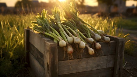 Leeks harvested in a wooden box with field and sunset in the background. Natural organic fruit abundance. Agriculture, healthy and natural food concept. Horizontal composition.の素材