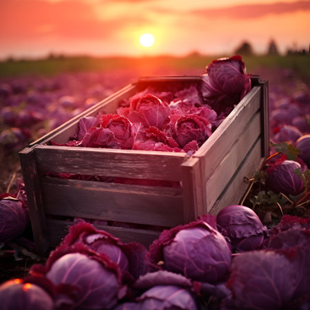 Red Cabbage harvested in a wooden box with field and sunset in the background. Natural organic fruit abundance. Agriculture, healthy and natural food concept. Square composition.の素材