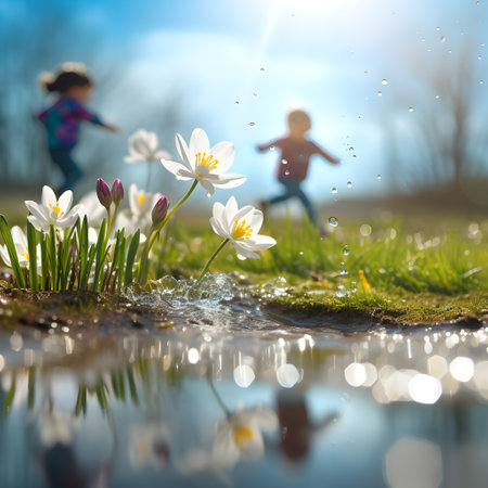 Children running in a countryside with spring flowers and grass. Concept of spring coming and winter leaving. Focused on the flowers.の素材