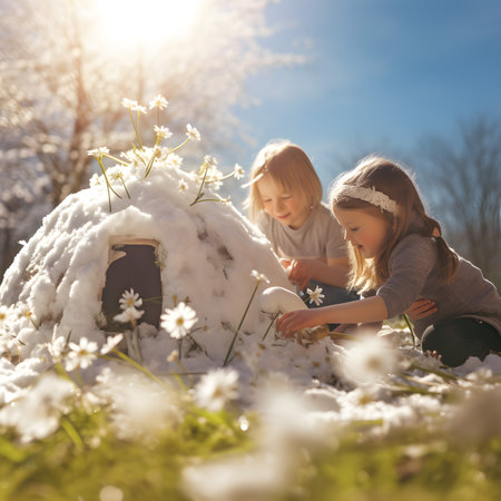 Children building igloo on a meadow with grass and spring flowers growing through the melting snow. Concept of spring coming and winter leaving.の素材