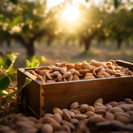 Almond nuts harvested in a wooden box in a plantation with sunset. Natural organic fruit abundance. Agriculture, healthy and natural food concept. Square composition.の素材