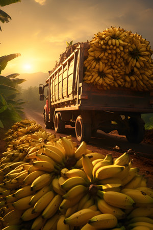 Cargo truck carrying banana fruit in a plantation with sunset. Concept of food production, transportation, cargo and shipping.の素材