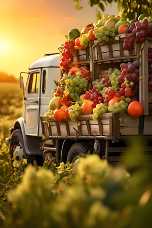 Vintage truck carrying various types of fruits in an orchard with sunset. Concept of food transportation, logistics and cargo.の素材
