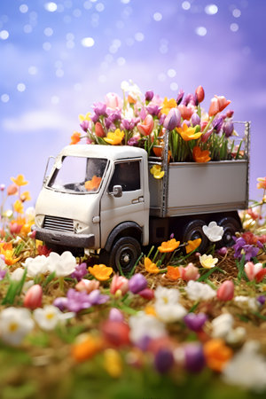 Vintage truck with spring flowers on a meadow with grass and flowers growing through the melting snow. Concept of spring coming and winter leaving.の素材
